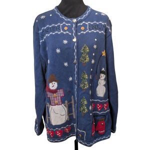 Quacker Factory Vintage Winter Snowman Embroidered Cardigan Sweater Large